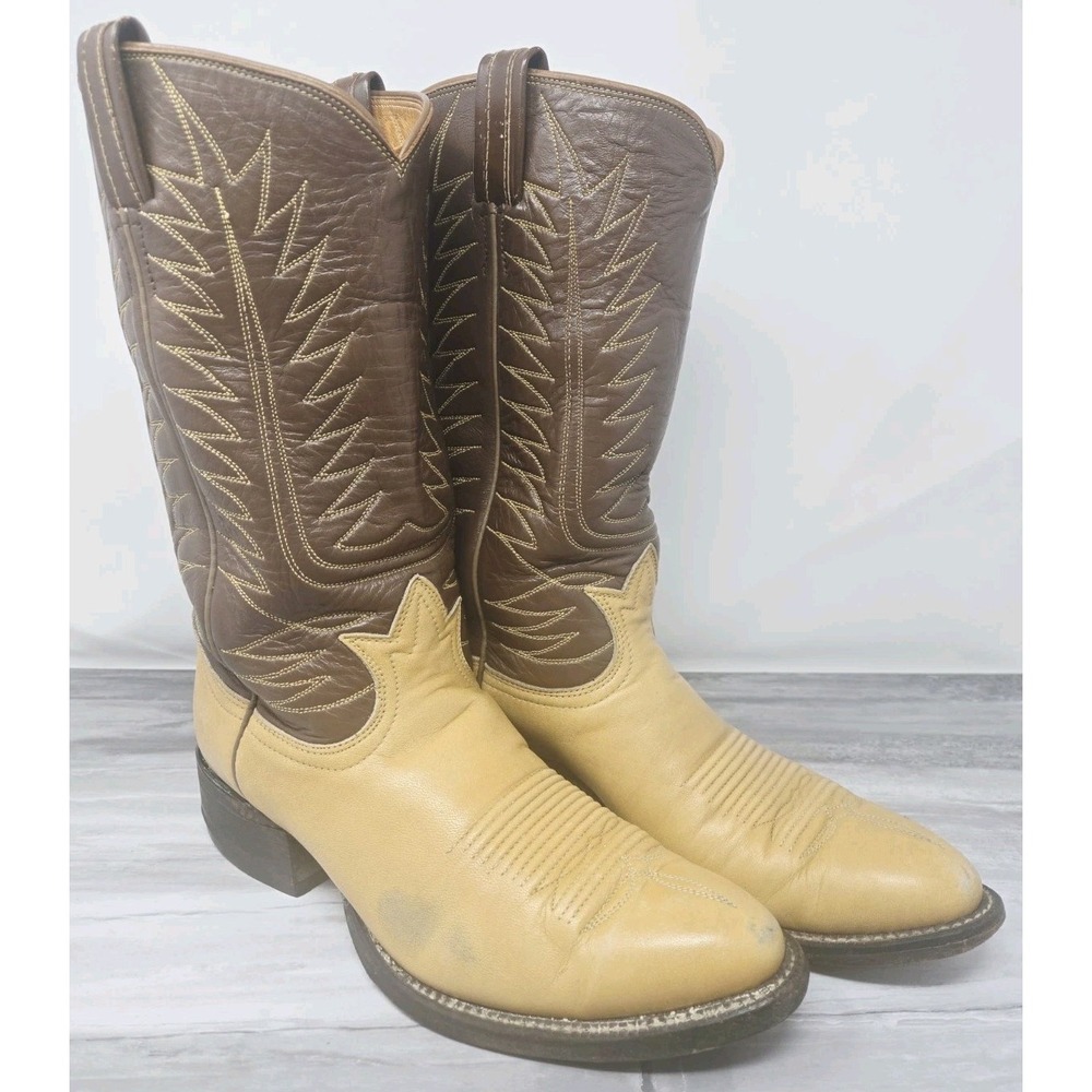 Pre 1970's Tony Lama Tall Western Boots 9 Gold‎ Label Brown Tan